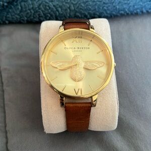 Olivia Burton Gold & Brown Leather Bee Watch